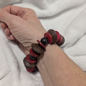 Chunky Wood Bead Stretch Bracelet Red Brown Black Boho Earthy
